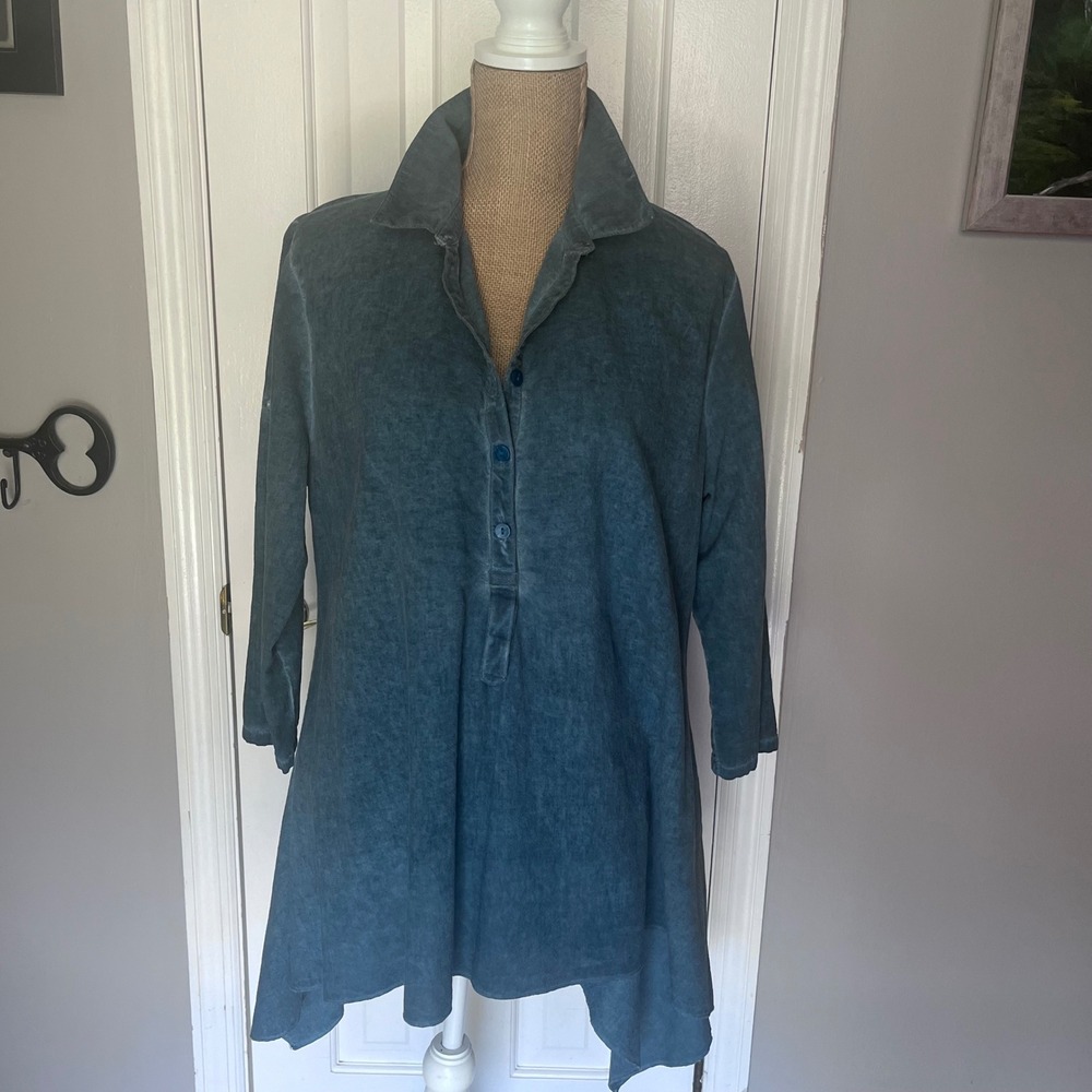Focus Casual Life Blue Mineral Wash Tunic Top Lagenlook Roll Tab Medium